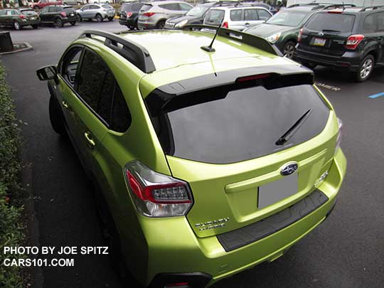 2015 Crosstrek Hybrid showing the new black trailing edge rear spoiler. Plasma Green shown