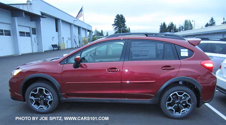 2015 Subaru Crosstrek venetian red with optional rear spoiler and body side moldings