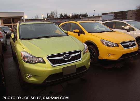 2015 Crosstrek side-by-side colors: Sunrise Yellow Premium Special Edition, and Plasma Green Hybrid