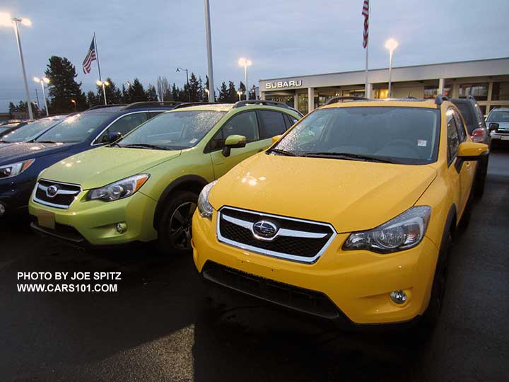 2015 Crosstrek side-by-side colors: Sunrise Yellow Premium and Plasma Green Hybrid