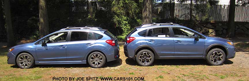 2015 Subaru Crosstrek and Impreza 5 door back-to-back. They are very much the same body with some differences... the Crosstrek sits higher, has wheel arch moldings etc