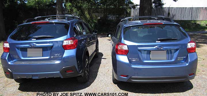 2015 Subaru Crosstrek and Impreza 5 door  side-by-side. Quartz Blue shown. They are very much the same body with some differences... the Crosstrek sits higher