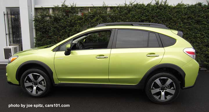 side view, 2015 Subaru Crosstrek Hybrid Touring, plasma green color