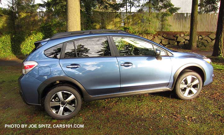 side view 2015 Crosstrek Hybrid with new rear spoiler with black edge