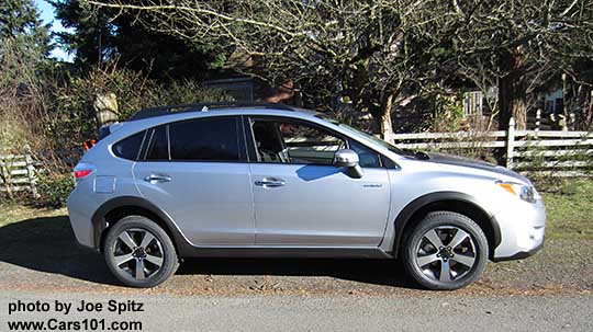 side view 2015 Subaru Crosstrek Hybrid. Ice Silver shown