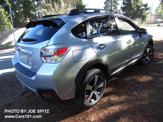 2015 Crosstrek Hybrid, ice silver, showing the3 new for 2015 Hybrid rear spoiler