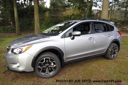 2015 Subaru Crosstrek, ice silver shown, optional rear spoiler