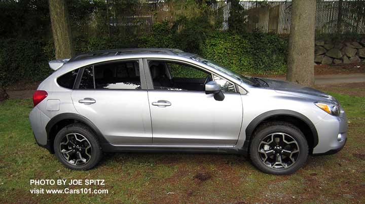 side view 2015 XV Crosstrek, with optional rear spoiler. Ice silver color shown