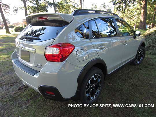 2015 Crosstrek with optional rear spoiler, khaki color shown