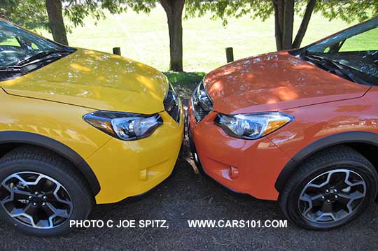 Sunrise Yellow Special Edition and Tangerine Orange 2015 Subaru Crosstreks front grill to front grill