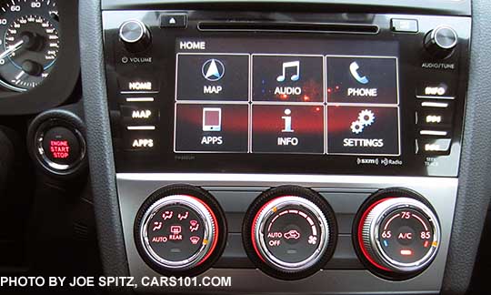 2016 Crosstrek audio system, Limited 7" screen, shown on home screen, with red background color selected