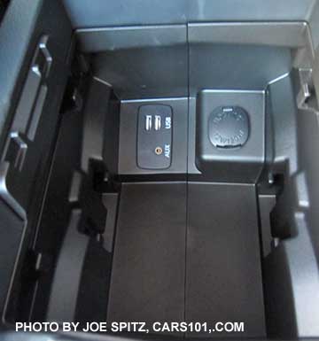 2016 Crosstrek Limited center armrest storage bin with 12v power outlet, 3.5mm aux jack, dual USB port