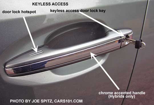 Diagrammed 2016 Subaru Crosstrek Hybrid front door handle with chrome center accent strip,  body colored, driver's side shown with lock cylinder