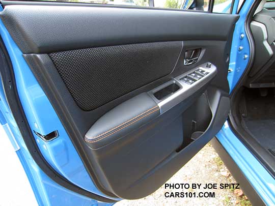 2016 Crosstrek inner door panel with orange stitching. Hyperblue exterior shown