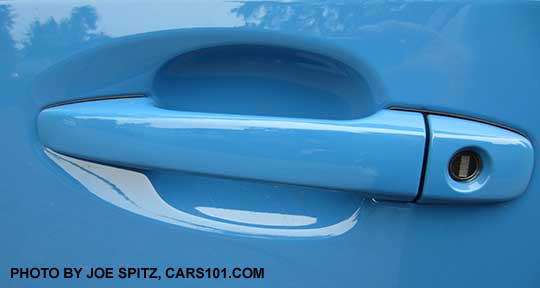 2016 Crosstrek standard outside door handle with door lock cylinder.  Hyperblue shown