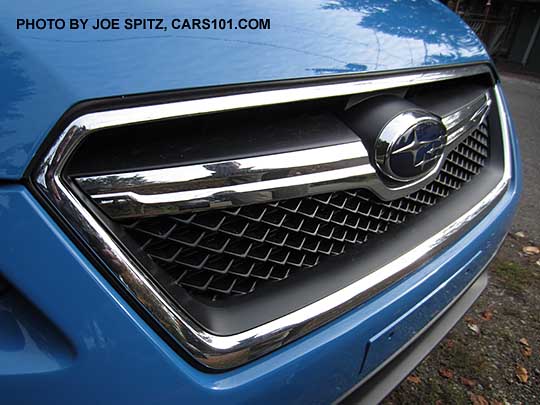 closelup of the slightly redesigned 2016 Subaru Crosstrek front grill, hyperblue shown