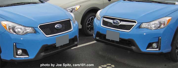 2016 Subaru Crosstrek front grills- standard with chrome center strip, and optional mesh Sport grill. Hyperblue cars shown.
