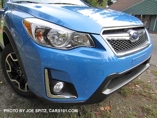 2016 Crosstrek headlight, and foglight with new chrome accent trim, hyperblue color shown