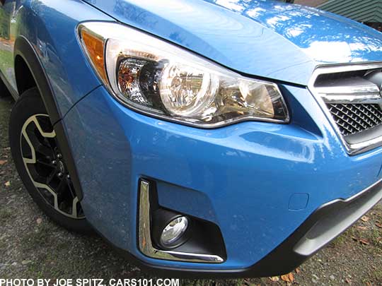 2016 Crosstrek headlight, and foglight with new chrome accent trim, hyperblue color shown