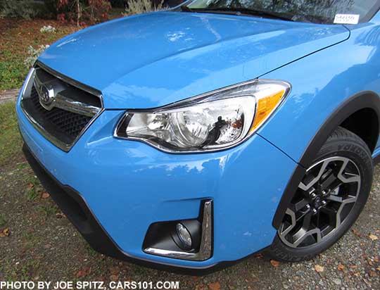 2016 Crosstrek headlight, and foglight with new chrome accent trim, hyperblue color shown