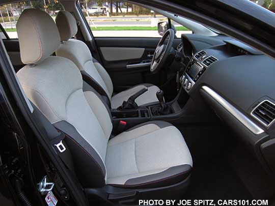 front seats 2016 Crosstrek Premium, ivory cloth, silver dash trim, manual transmission shown.