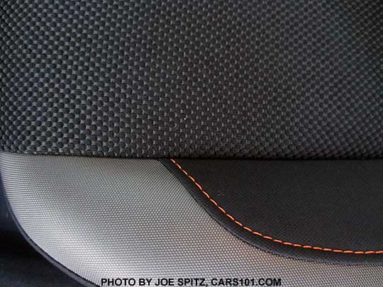 closeup 2016 Subaru Crosstrek premium black cloth with orange stitching