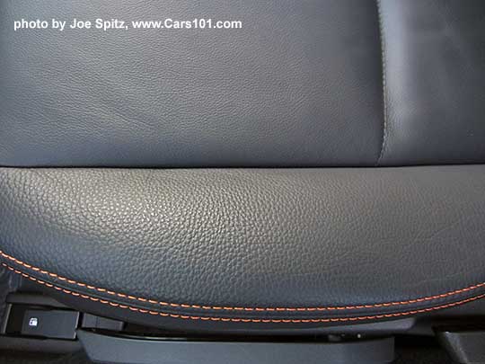 closeup of the 2016 Subaru Crosstrek Limited black leather interior with orange stitching