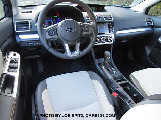 2016 Subaru Crosstrek Hybrid ivory cloth interior, notice the blue Hybrid gauges
