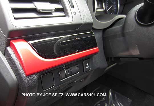 closeup of the 2016 Crosstrek Premium Special Edition red and gloss black dash trim