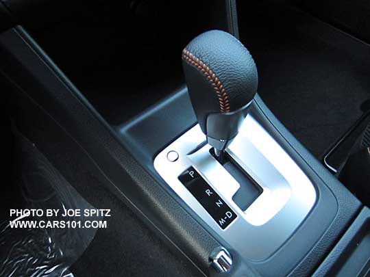 closeup of the 2016 Crosstrek Premium CVT shift knob, and silver surround