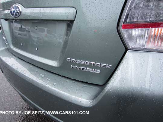 2016 Subaru Crosstrek Hybrid rear tailgate logo. Jasmine green color shown