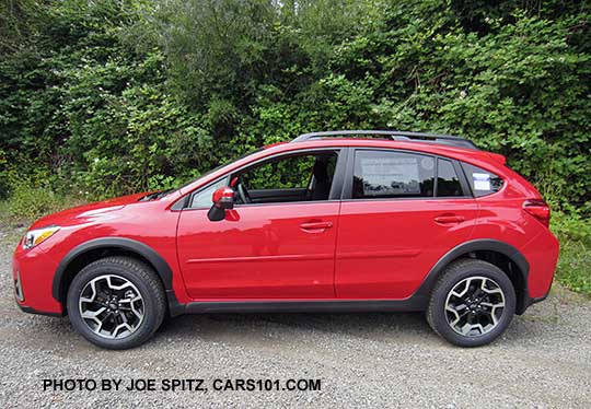 side view 2016 Subaru Crosstrek Premium Special Edition. All Pure red, with black cloth/red stitching.  Only 1500 made, available June 2016.