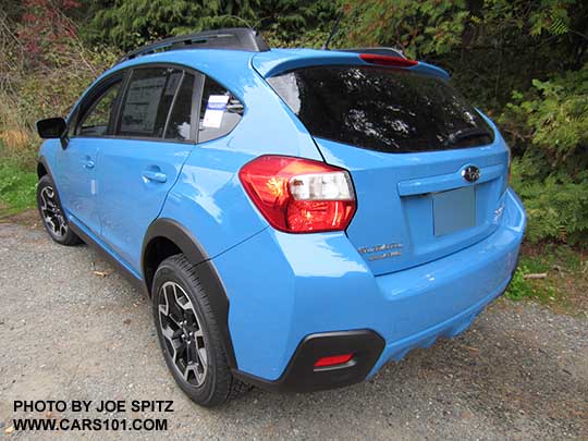 2016 Crosstrek Premium, hyperblue color, shown without the optional rear bumper cover or one of the two optional rear spoilers.