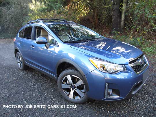 front and side view 2016 Quartz Blue Subaru Crosstrek Hybrid, with optional aero cross bars