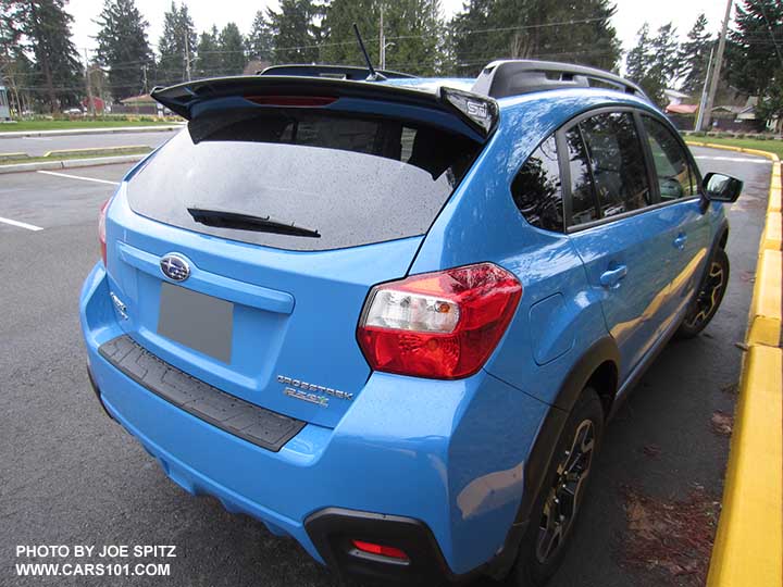 2016 Subaru Crosstrek with new for 2016 Hyperblue color and new for 2016 optional black STI rear spoiler. Also with optional rear bumper cover