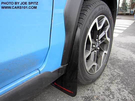 optional aftermarket Rally Armor splash guard mud flap on a 2016 Subaru Crosstrek, right front shown
