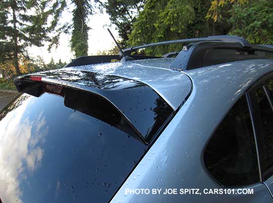 2016 Crosstrek Hybrid rear spoiler with black trailing edge. Ice silver shown.