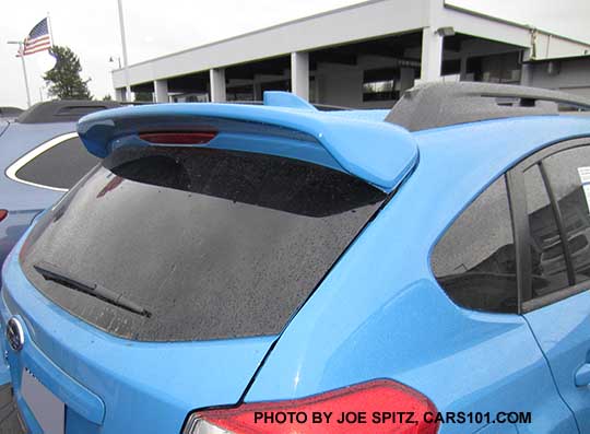 Optional rear spoiler on a 2016 Crosstrek. Hyperblue color shown