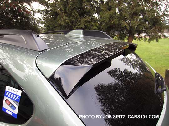 2016 Subaru Crosstrek Hybrid rear spoiler with black trailing edge. Jasmine Green shown