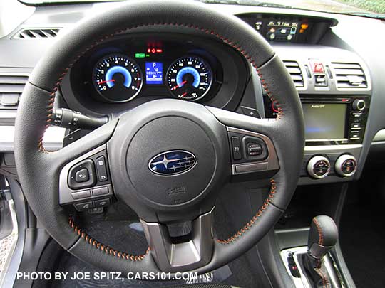 2016 Crosstrek Hybrid leather wrapped steering wheel. orange stitching. Note the 6.2" audio so this is not a Touring model which has a 7" audio
