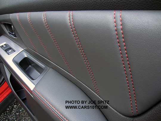 closeup of the 2017 Crosstrek Premium Special Edition gray bleatherette door panel with red stitching. Passenger front door shown.