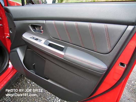 2017 Crosstrek Premium Special Edition gray leatherette door panel with red stitching. Passenger front door shown.