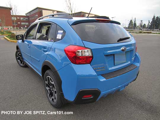rear view 2017 Crosstrek Premium with optional rear bumper cover and body side moldings,  hyperblue color shown