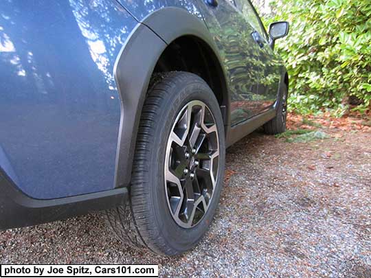 quartz blue 2017 Subaru Crosstrek standard wheel arch moldings.  Shown without the optional splash guards
