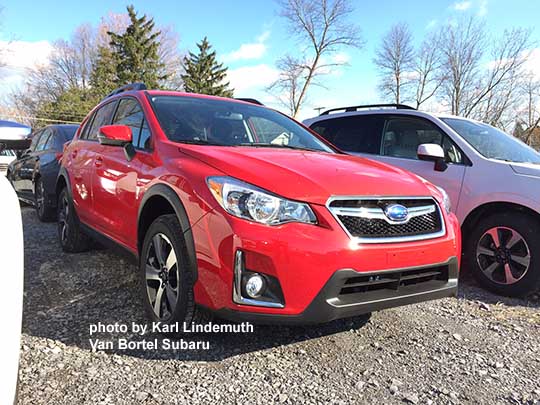 2017 Subaru Crosstrek Premium Special Edition with the aero design wheels from the late Crosstrek Hybrid model. Pure red color.