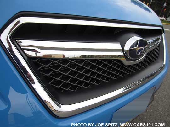 2017 Subaru Crosstrek standard black honeycomb grill with matte black frame, chrome accent bar and center logo