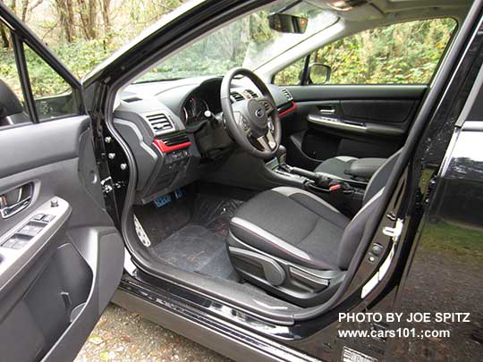 2017 Crosstrek Premium Special Edition gray cloth interior with red/black dash trim. Crystal black car shown.