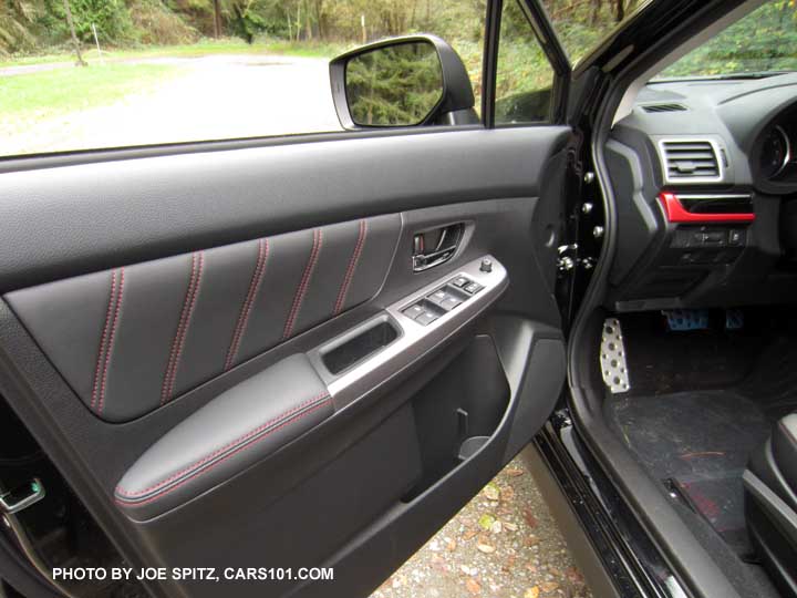 2017 Crosstrek Premium Special Edition front door panel with gray leatherette trim with red stitching, with red/black dash trim.