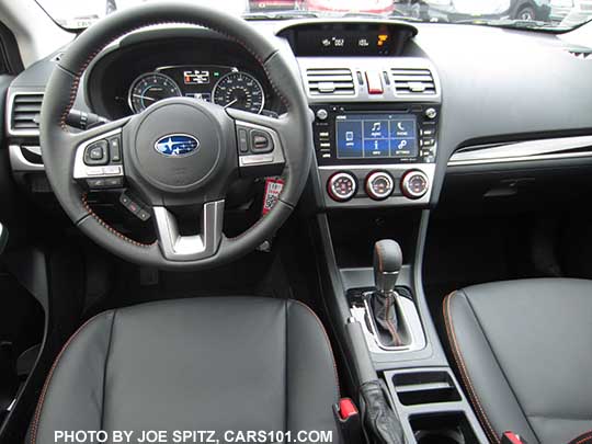 2017 Crosstrek Limited interior, gray leather with orange stitching, gloss black shift plate and dash trim, 7" audio system