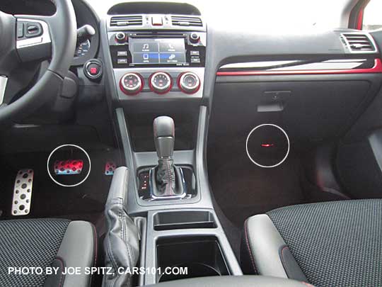 2017 Crosstrek Premium Special Edition has standard red LED footwell lighting, see white circles